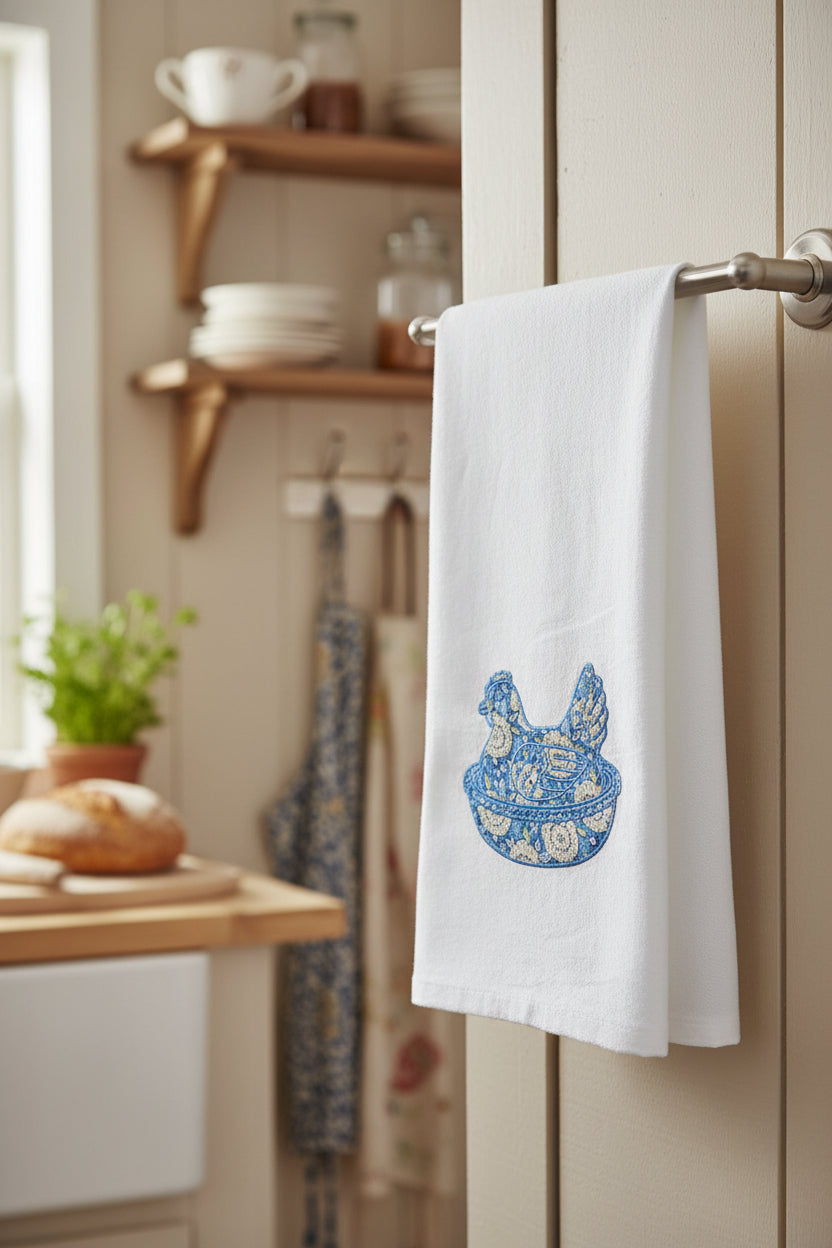 Hen on Nest Embroidered Kitchen Towel