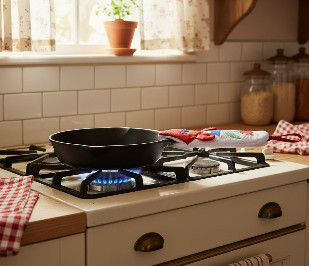 A black cast iron skillet with a mouse-shaped handle potholder, featuring a red face with blue button eyes, red ears and a red hanging loop, and a red tulip embroidered design with green leaves in a blue pot.