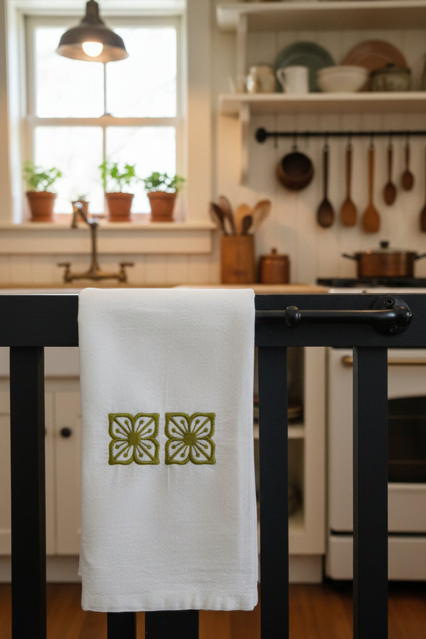 A white textured towel featuring two olive green embroidered floral motifs on the front, hanging on a wooden rack.