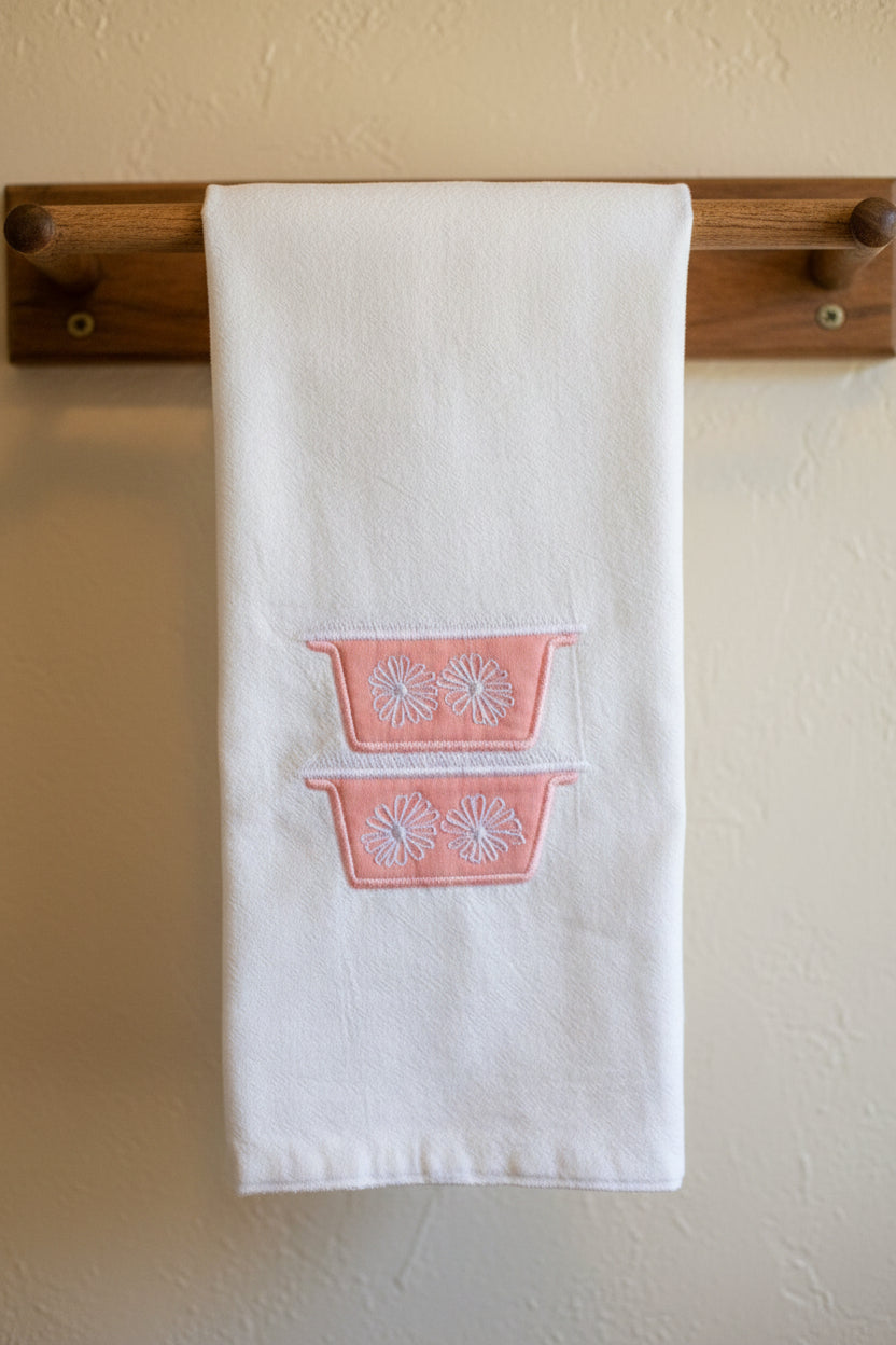 Pyrex Pink Daisy Embroidered Kitchen Towel