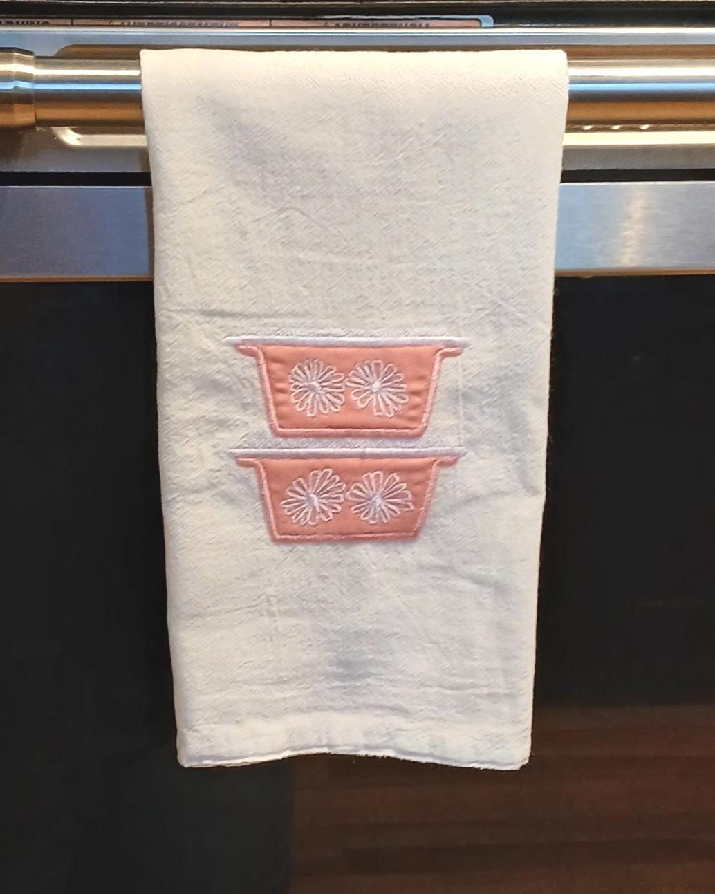 Pyrex Pink Daisy Embroidered Kitchen Towel