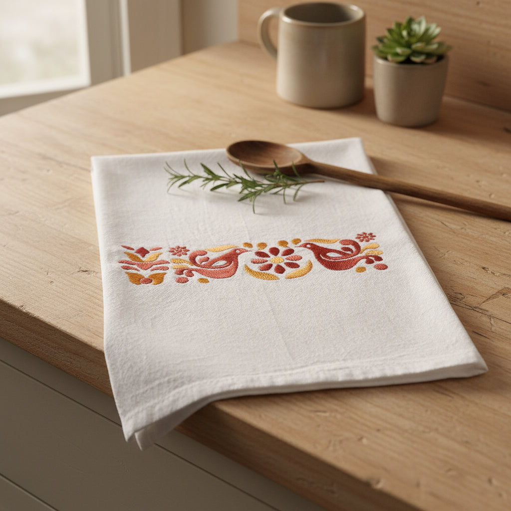 A white cotton tea towel with a horizontal band of orange and rust-red folk art floral and bird motifs, laid flat on a light beige fabric background.