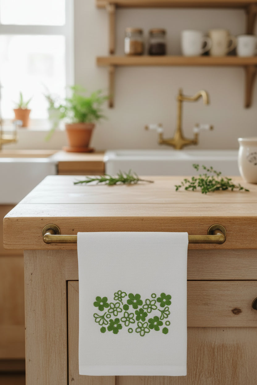 A white cotton kitchen towel with a green embroidered floral pattern, hanging on a dark wooden rack.

