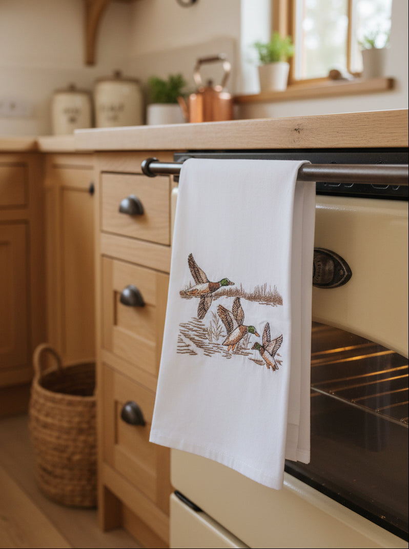 Mallard Ducks Flying Embroidered Kitchen Towel