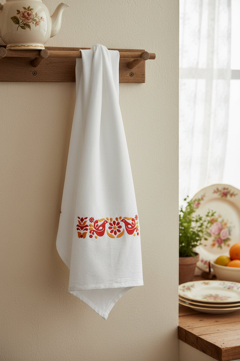A white kitchen towel with a horizontal embroidered pattern of red birds, orange flowers, and yellow leaves, hanging against a dark background.
