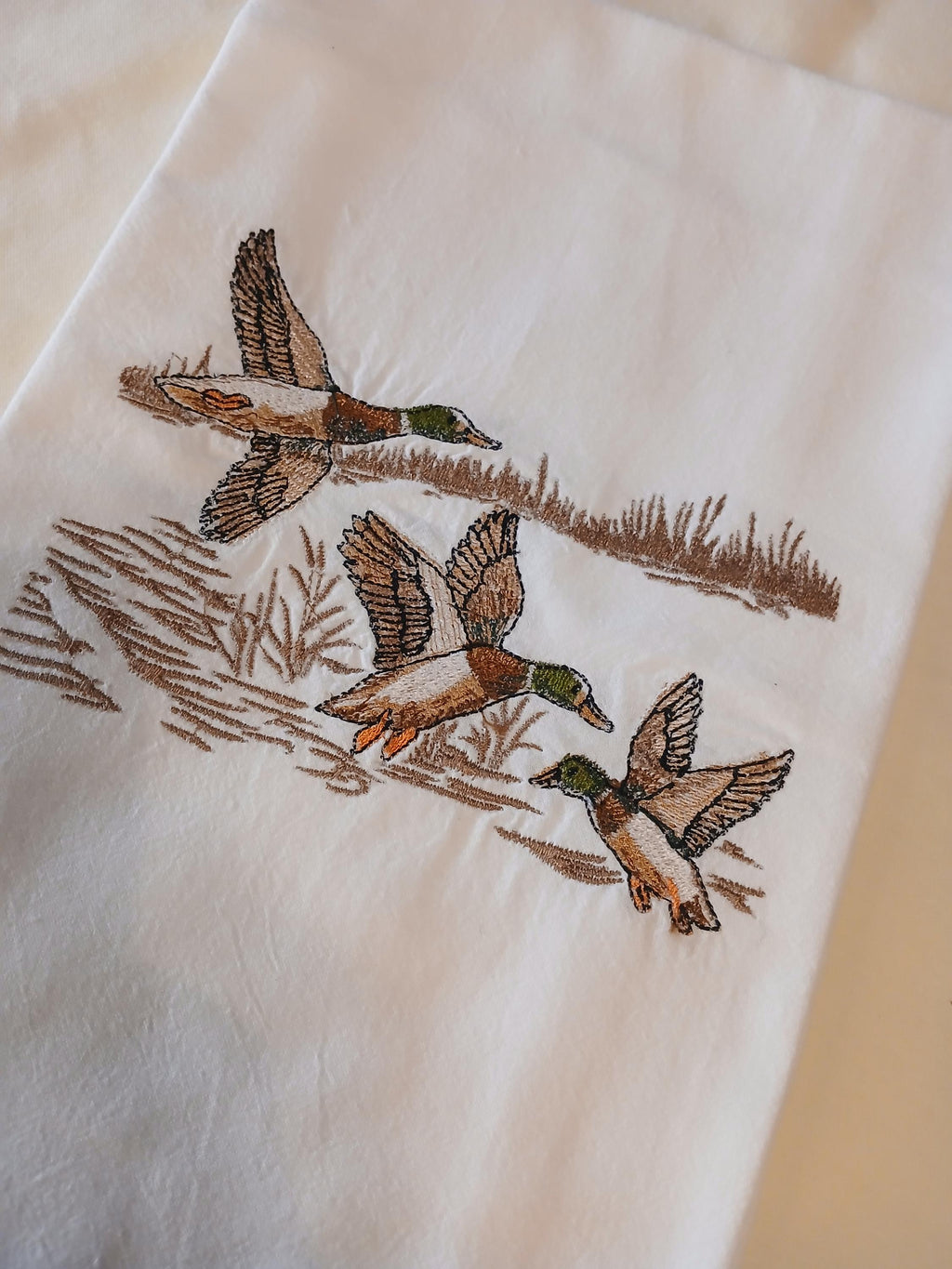 Mallard Ducks Flying Embroidered Kitchen Towel