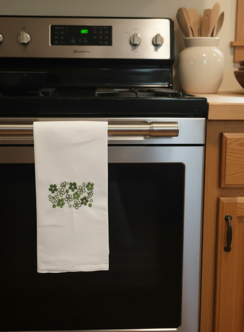 A white kitchen towel with a green embroidered floral pattern, hanging from a stainless steel oven handle in a kitchen setting.


