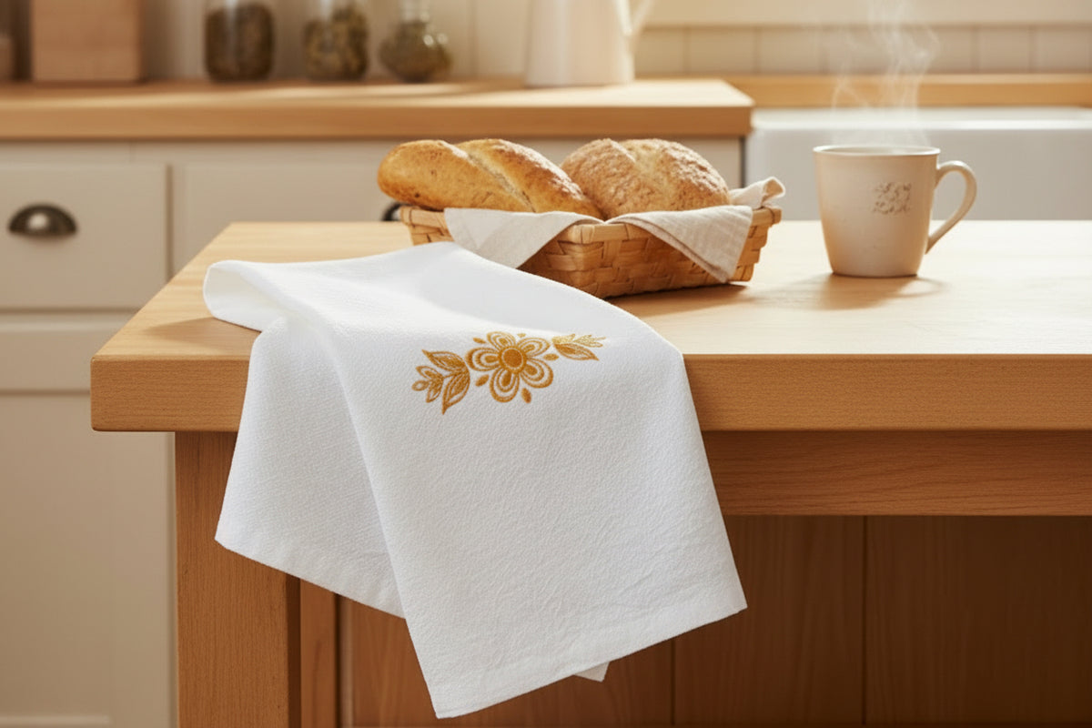 A white flour sack  towel draped over a black wooden stand, featuring a central gold embroidered floral pattern.