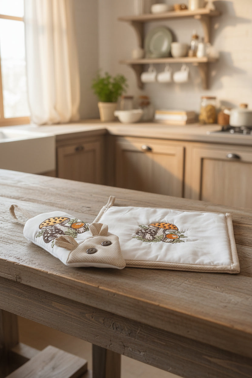A fabric handle potholder and square potholder on a kitchen table. The white fabric features embroidered mushrooms with orange spots, green leaves, and small orange fruits, with a beige patterned border and a beige hanging loop.