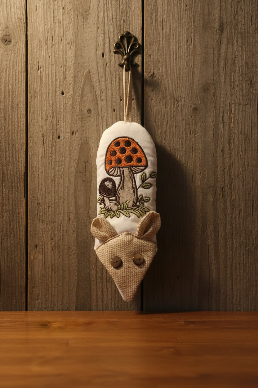 A handmade fabric mouse handle potholder featuring a white body with an embroidered orange and brown mushroom, a beige fabric mouse head with two buttons for eyes, and a tan hanging loop.