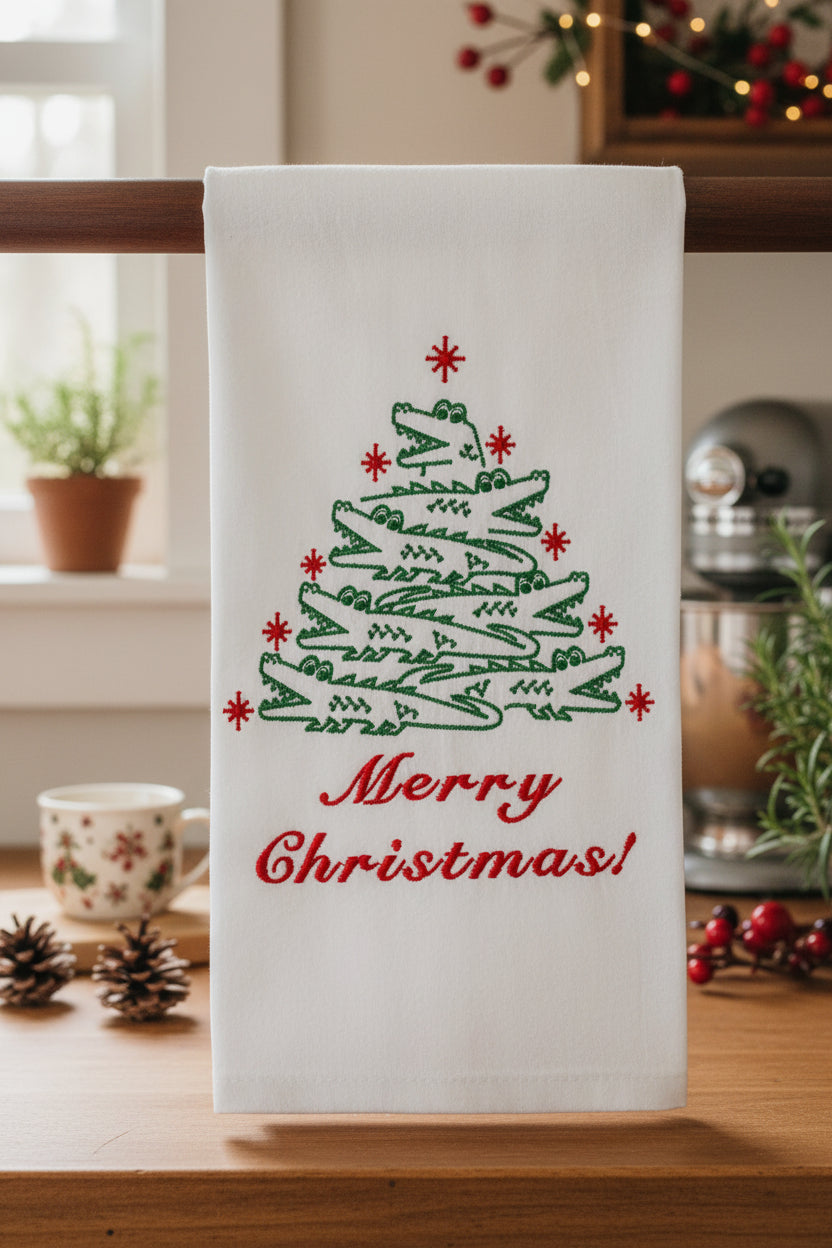 A white kitchen towel with a green alligator tree and red 'Merry Christmas!' text, hanging in a kitchen setting.