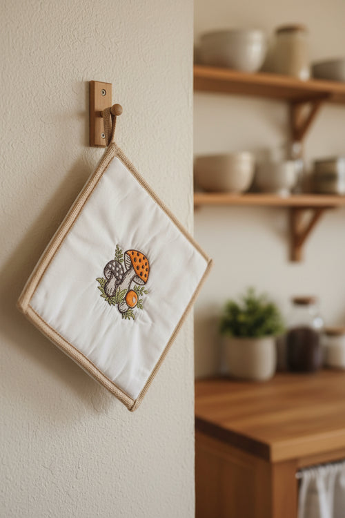 A square cream-colored fabric potholder with a beige border and a central embroidered design of three mushrooms hanging in a kitchen.